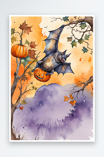 水彩插图一只可爱的蝙蝠挂在树枝上还有一个