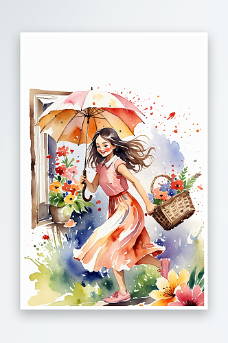 水彩插画唯女孩拿着伞和花篮在书本上奔跑的