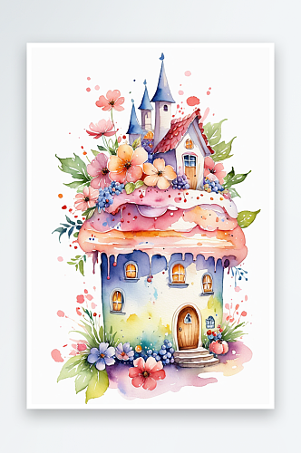 水彩插画童趣可爱的蛋糕花朵童话小房屋