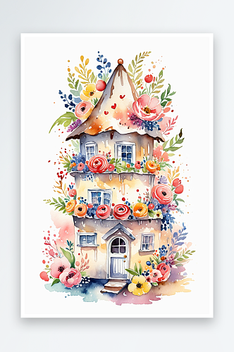 水彩插画童趣可爱的布满鲜花的蛋糕小屋