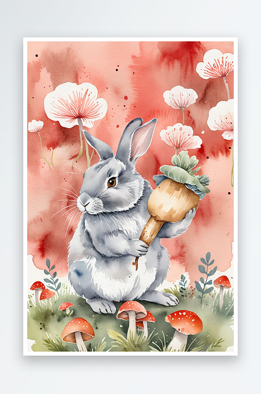 水彩插画抱着蘑菇的灰兔