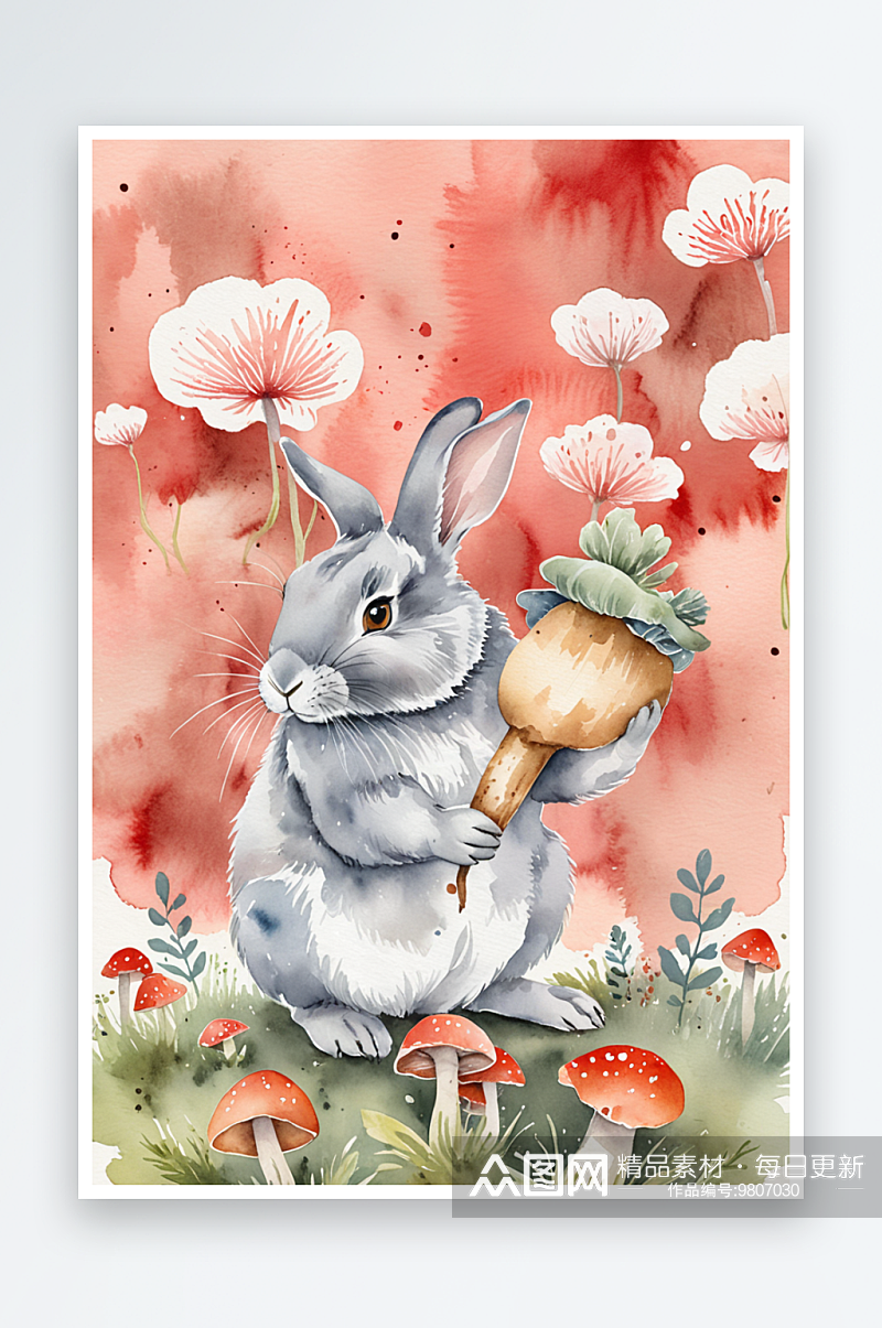 水彩插画抱着蘑菇的灰兔素材