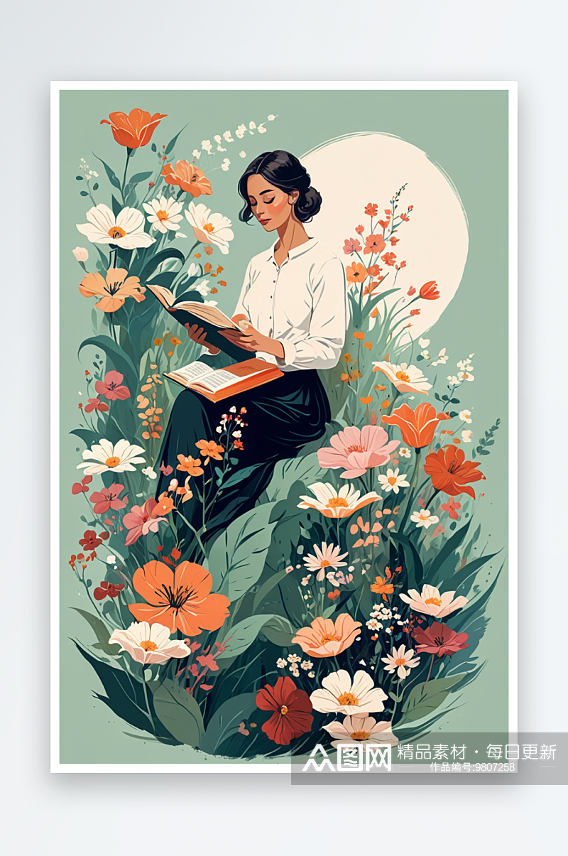 数字艺术在花丛中看书的女人素材