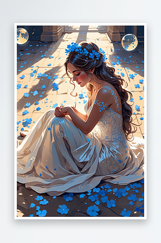 数字艺术一位女新娘坐在蓝色花瓣的地上抱着