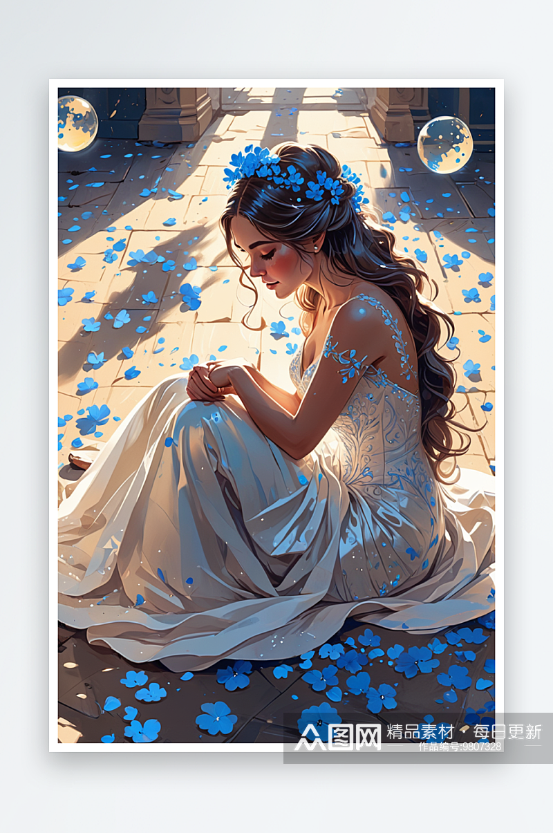 数字艺术一位女新娘坐在蓝色花瓣的地上抱着素材