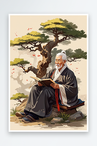 数字艺术一位穿着汉服的白发老者坐在松树下