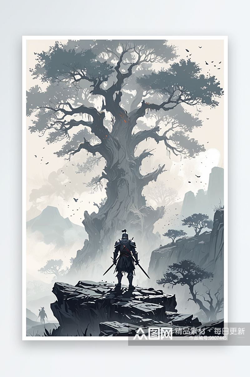 数字艺术一个侠客站在岩石上远处是一颗古树素材