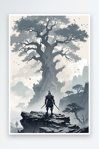 数字艺术一个侠客站在岩石上远处是一颗古树