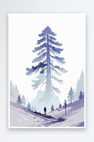 数字艺术一个人站在地上望向山峰上的松树