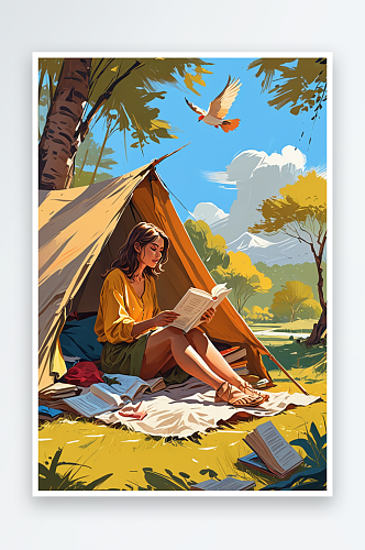 数字艺术一个女人坐在帐篷边看书