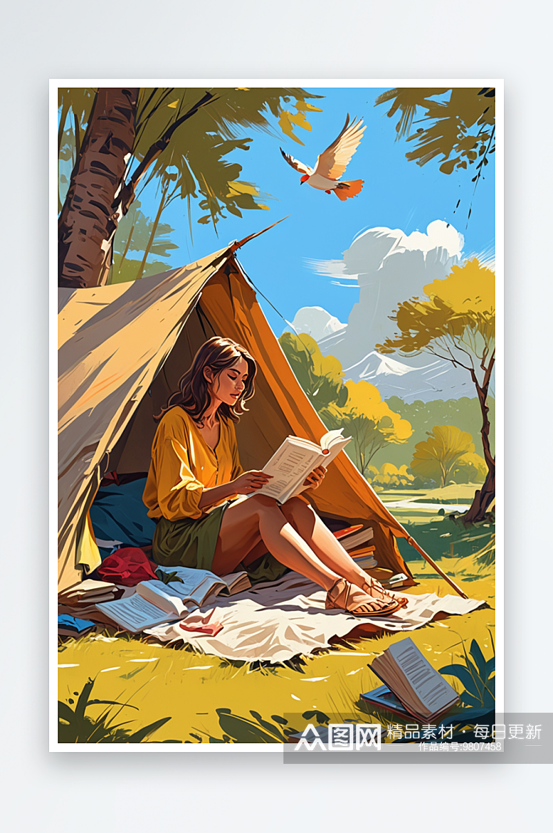 数字艺术一个女人坐在帐篷边看书素材