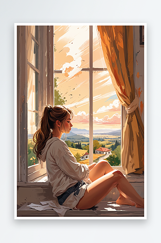 数字艺术一个女孩坐在窗前看风景插画