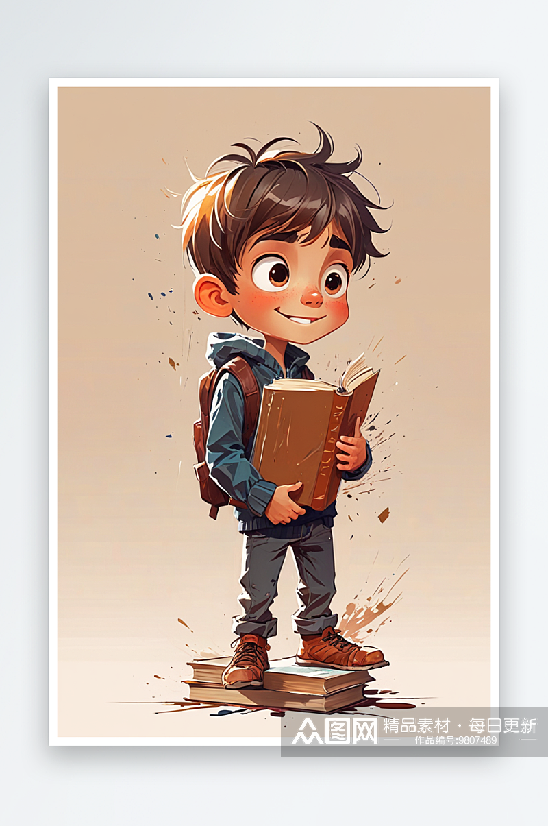 数字艺术一个男孩手捧着书插画素材