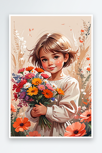 数字艺术一个短发小女孩在花丛中抱着一束鲜