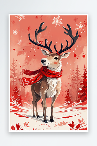 数字艺术驯鹿带着红围巾新年主题插画
