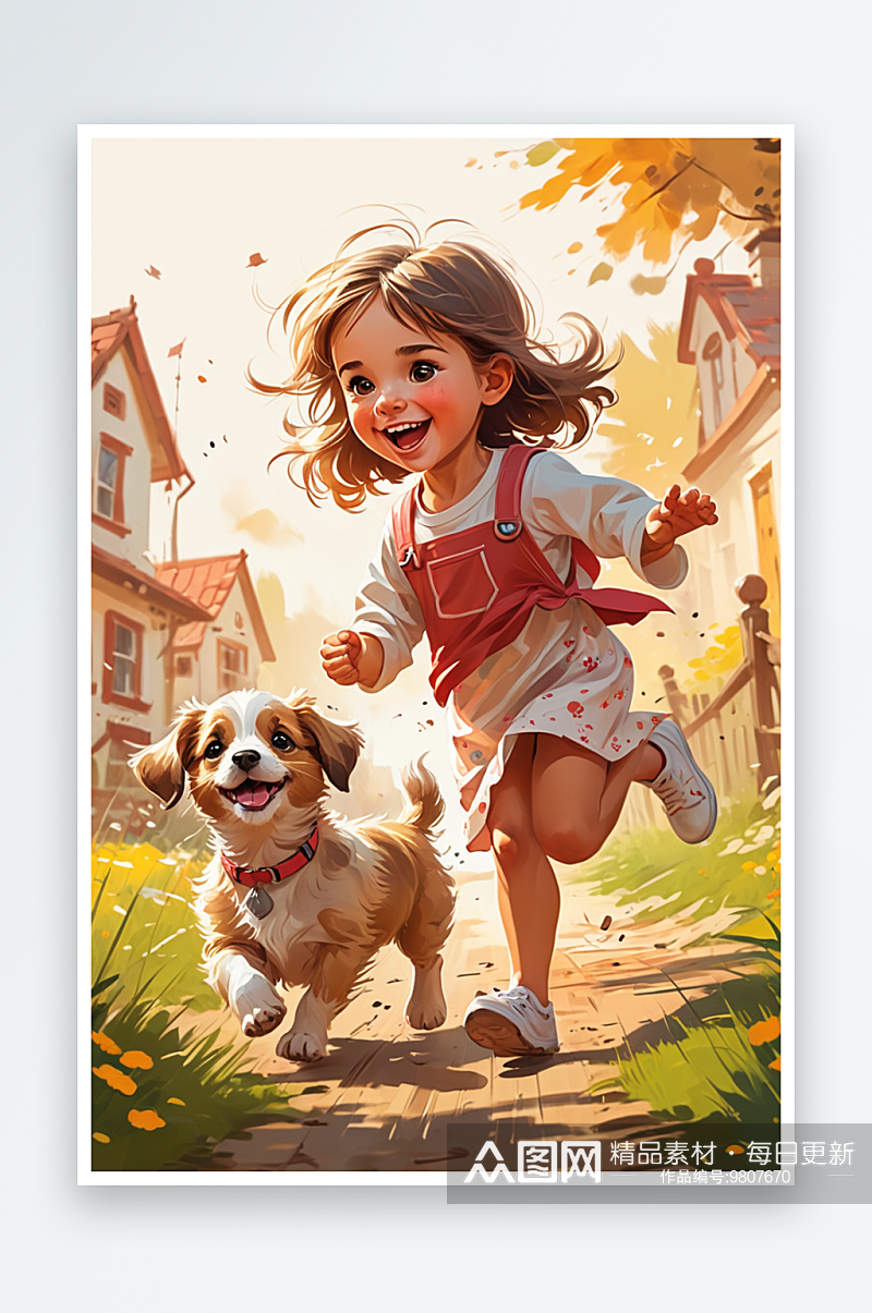 数字艺术小女孩和可爱的小狗在户外欢快地奔素材