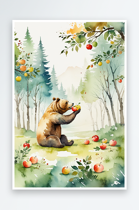数字艺术唯手绘水彩插画吃苹果的熊