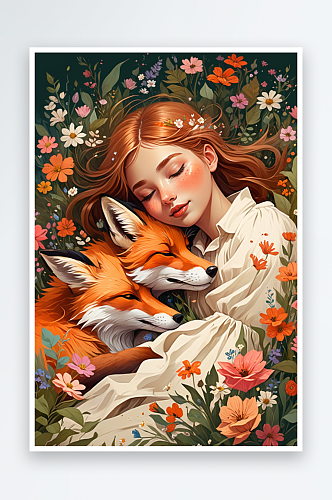 数字艺术躺在花丛中的女孩和狐狸儿童插画童