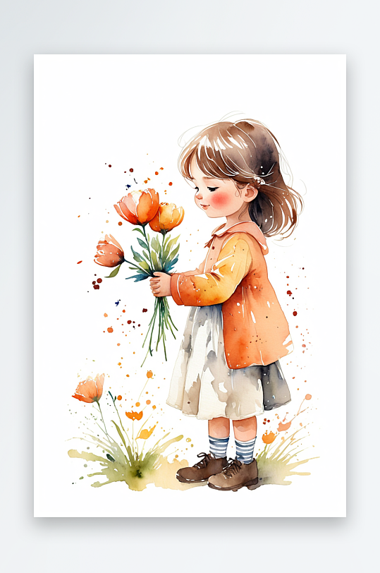 数字艺术水彩风可爱的手捧鲜花的小女孩