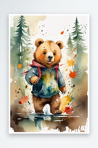 数字艺术水彩儿童插画可爱的小熊