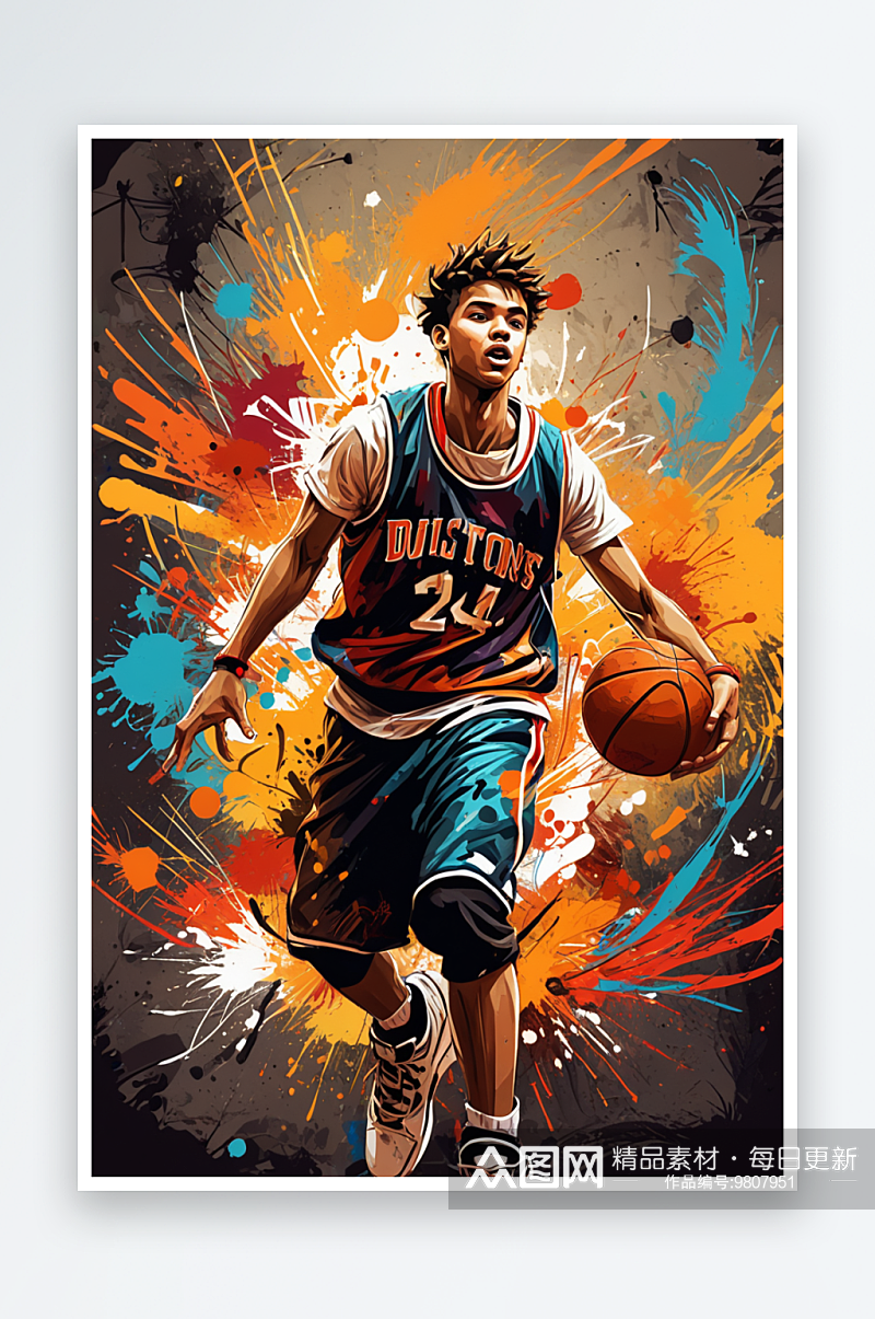 数字艺术青春活力男孩打篮球涂鸦风格素材
