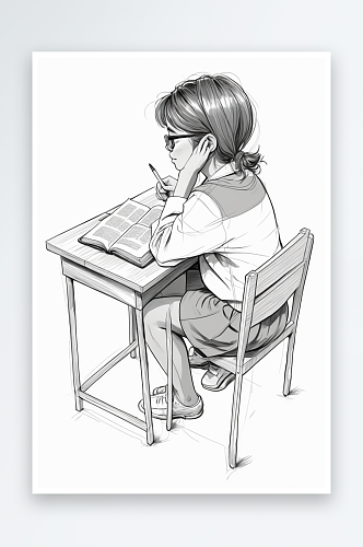 数字艺术女孩小学生坐着看书教辅线条画数字