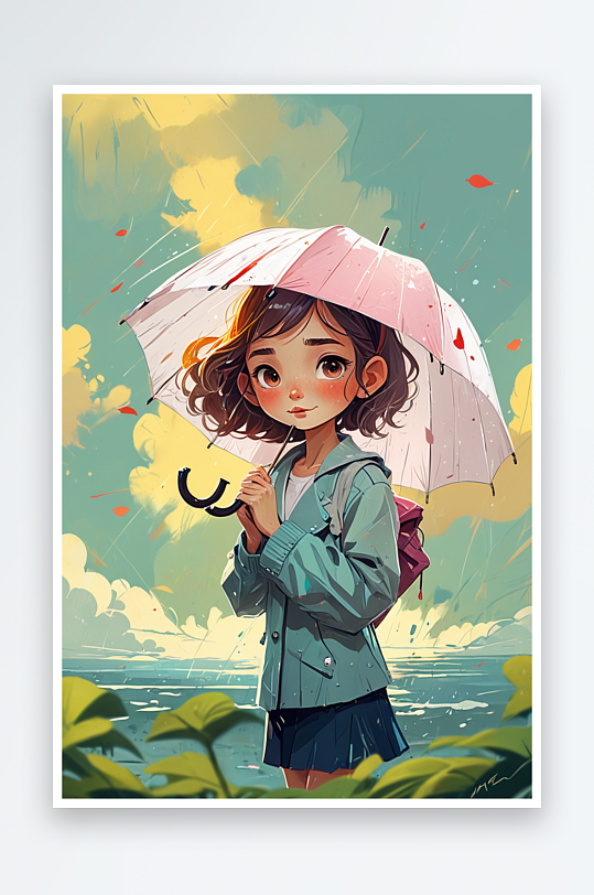 数字艺术拿着雨伞的女孩插画