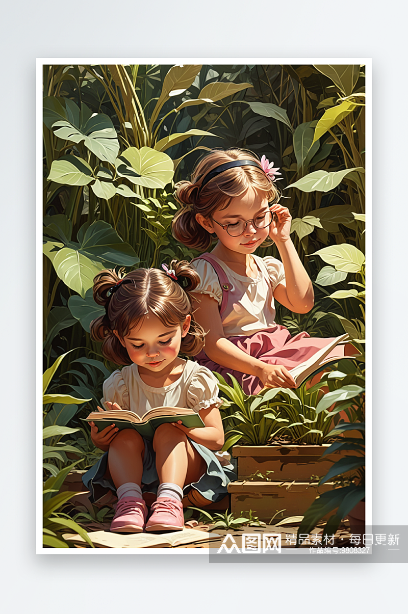 数字艺术两个小女孩坐在植物中看书插画竖图素材