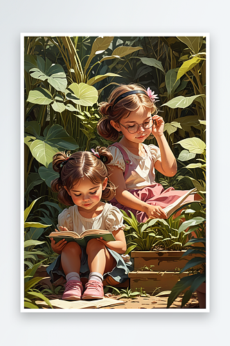 数字艺术两个小女孩坐在植物中看书插画竖图