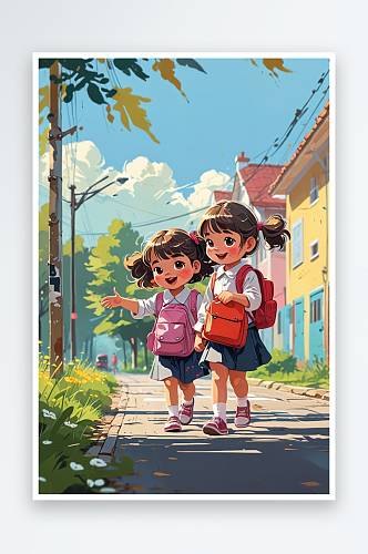 数字艺术两个背着书包的小女孩快乐的走在路