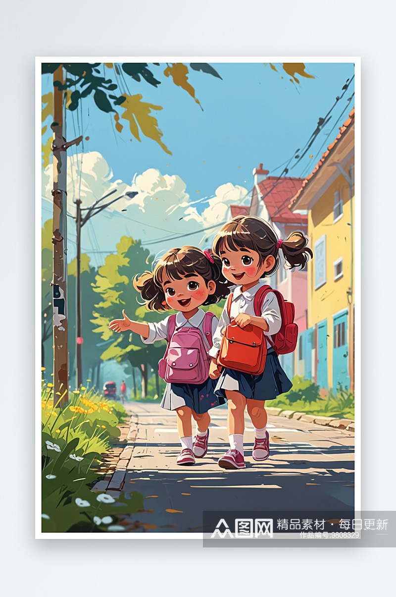 数字艺术两个背着书包的小女孩快乐的走在路素材