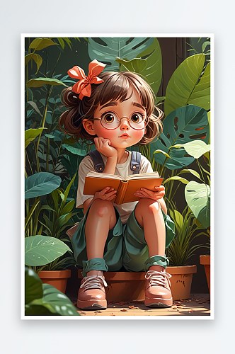 数字艺术可爱的小女孩在植物旁思考三维插画