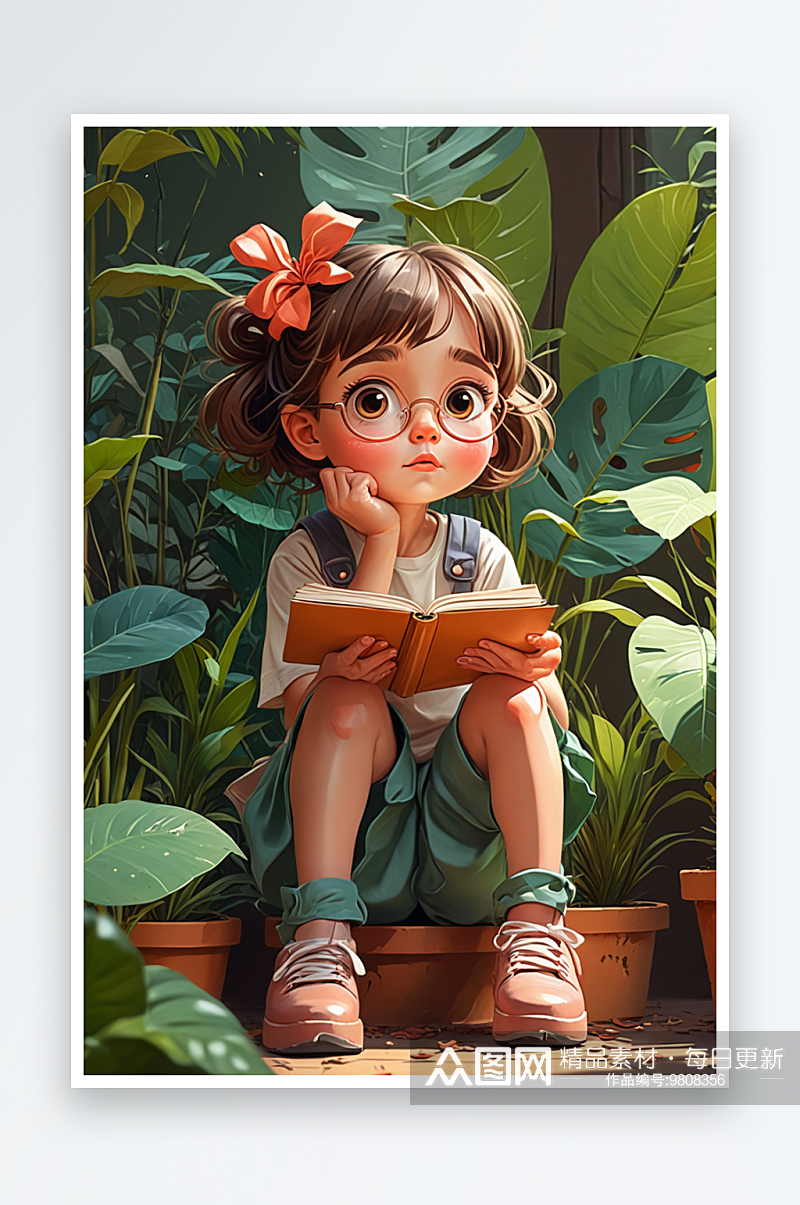 数字艺术可爱的小女孩在植物旁思考三维插画素材