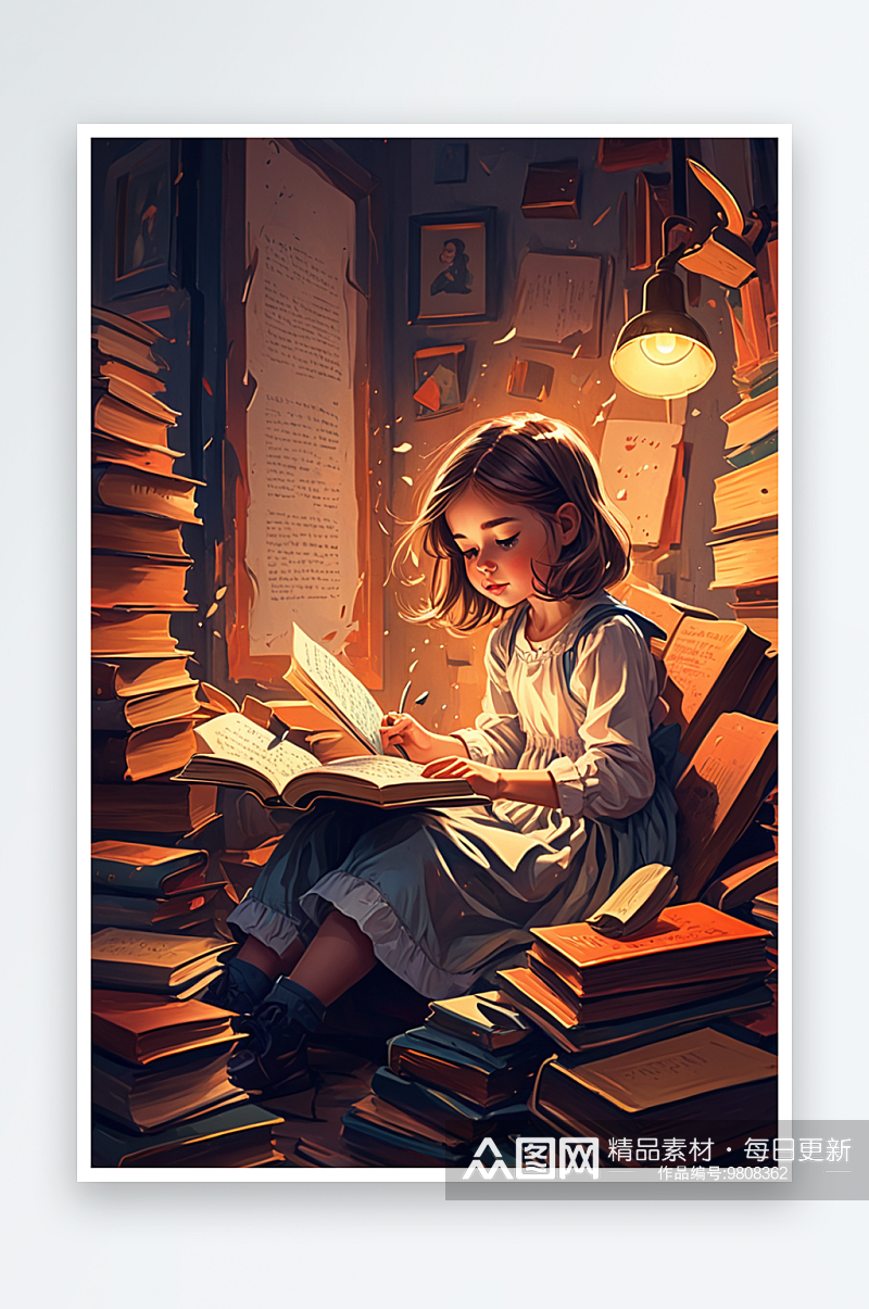 数字艺术可爱的小女孩在认真地看书阅读素材