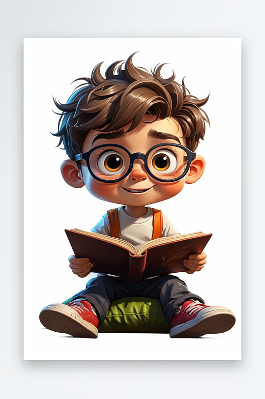 数字艺术卡通戴眼镜的小男孩坐在坐垫上看书