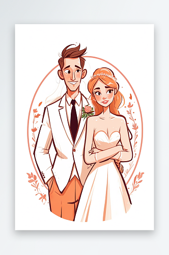 数字艺术卡通穿着结婚礼服的一对新人插画