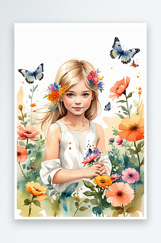 数字艺术花丛中的小女孩水彩画植物蝴蝶卡通