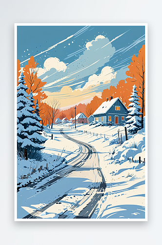 数字艺术冬天下雪天郊外农村道路雪景插画
