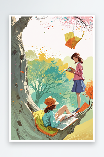 数字艺术彩铅风树下看书的女生