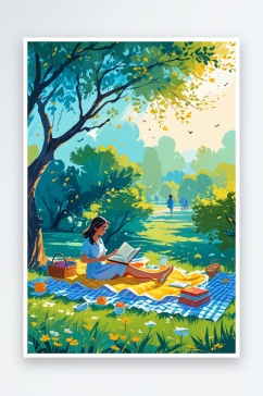 树荫下野餐看书的女孩温馨插画春夏外出郊游
