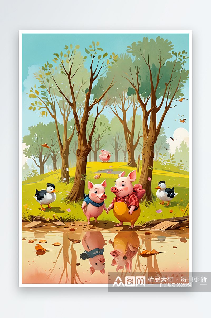 树林里小猪和小鸭子的故事萌趣可爱的动物儿素材