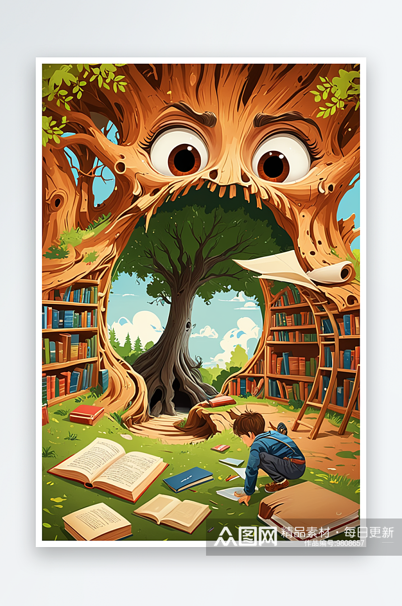 树洞图书馆插画图片素材