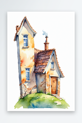 舒适的水彩手绘小山上的房子卡通小房子瓦片