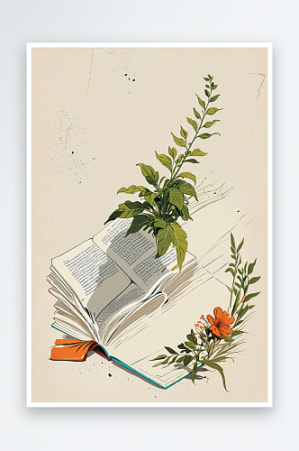 书与植物插画图片