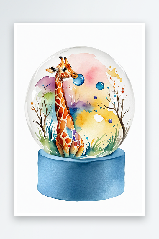 手绘水彩长颈鹿动物元素玻璃球摆件插画