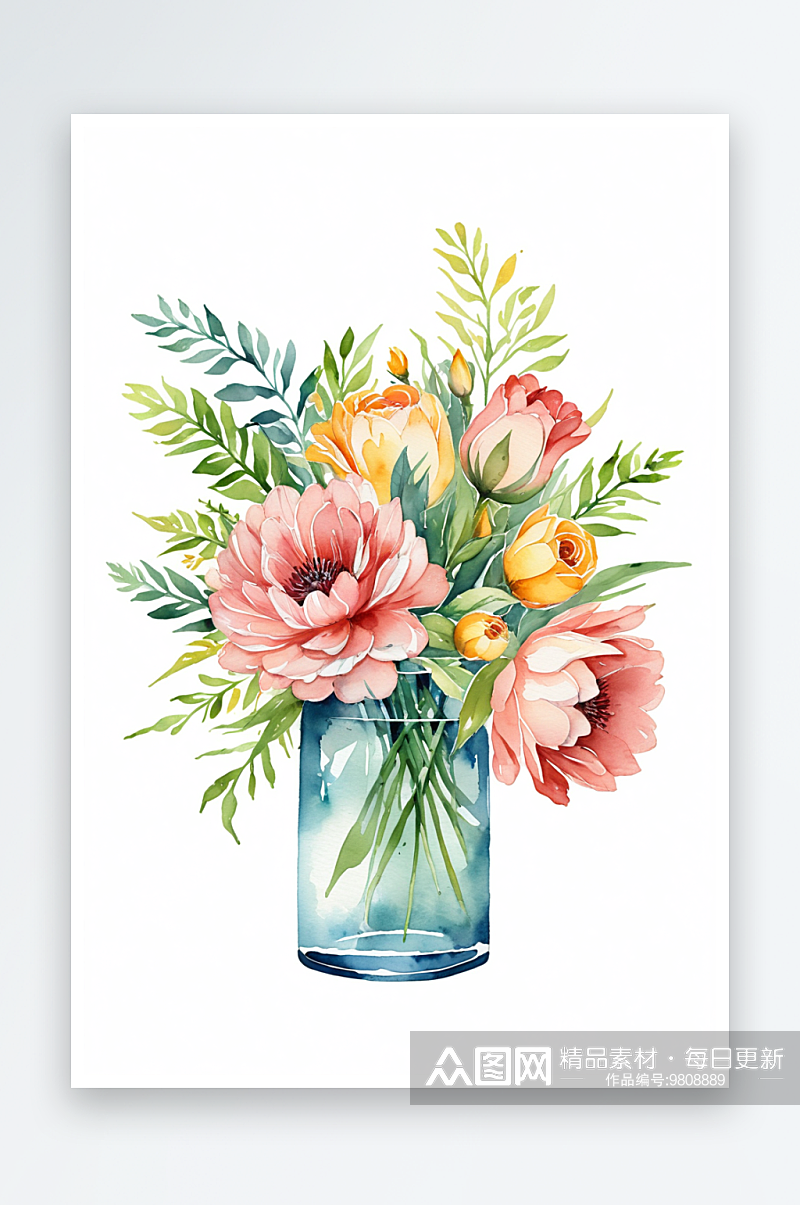 手绘水彩花瓶花束插画植物花卉素材
