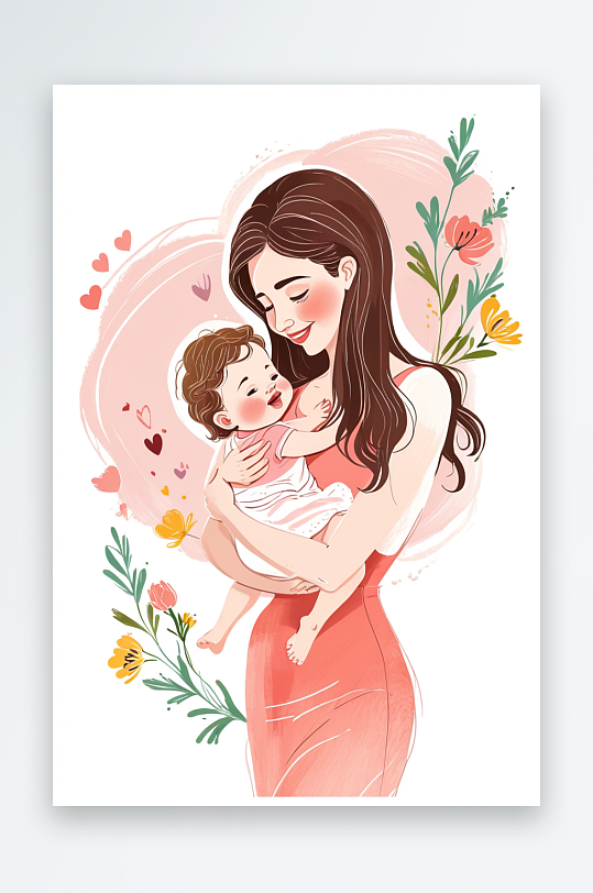 手绘插画母亲节妈妈抱着孩子