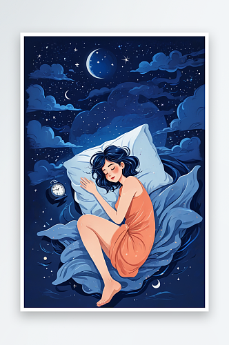 世界睡眠日蓝色夜晚女孩睡觉插画封面海报