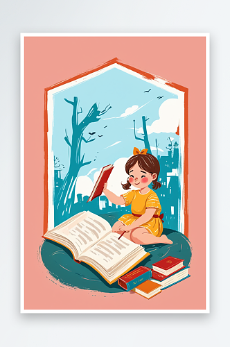 世界读书日看书可爱的小女孩知识书本学习