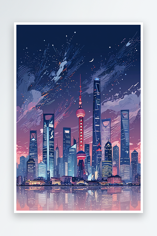 上海城市夜景插画
